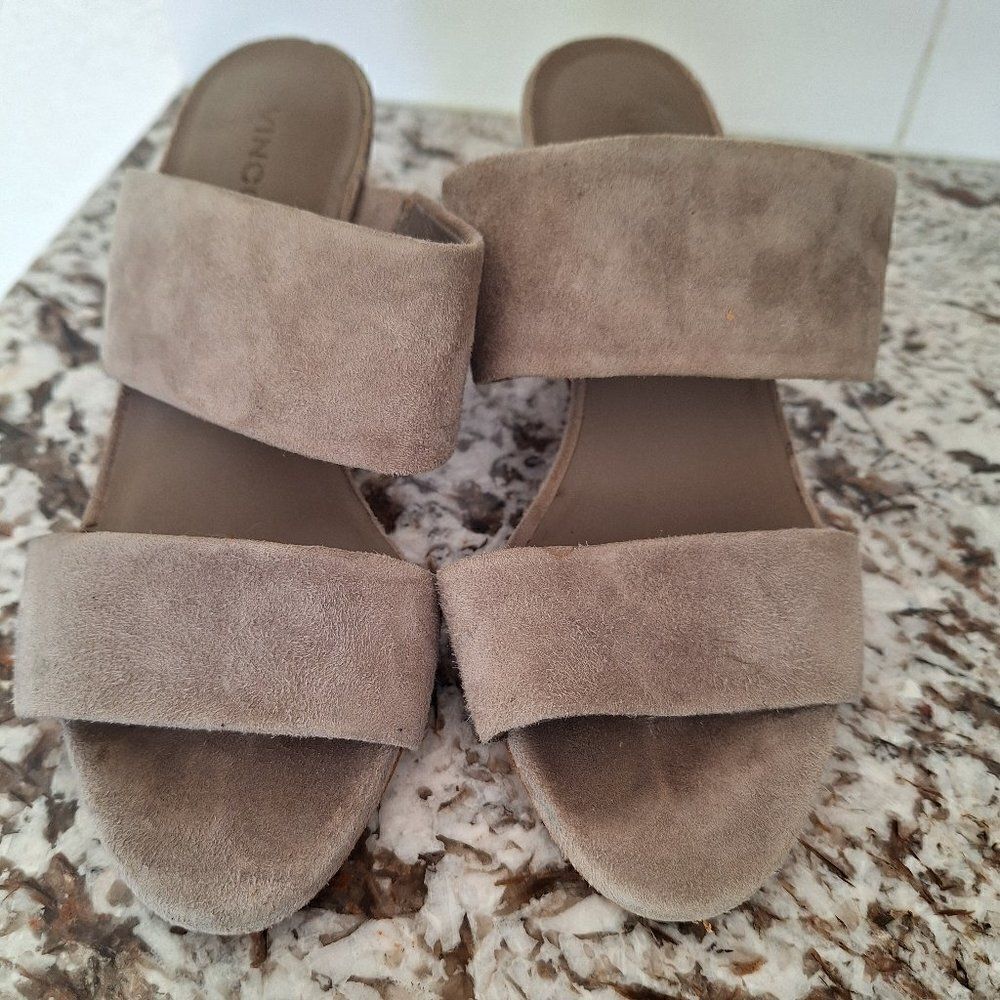 Vince Suede Sandal Block Heel Slip On Gray Open Toe size 6.5 US
